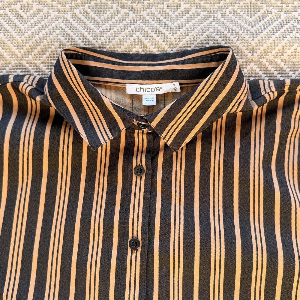 Chicos Shirt Womens 12 Black Tan Stripe Button Front Long Sleeve Stretch Blouse - Picture 5 of 11